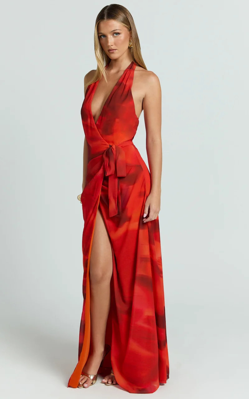 Eva Maxi Dress - Plunge Halter Wrap Dress in Abstract Adeana Print