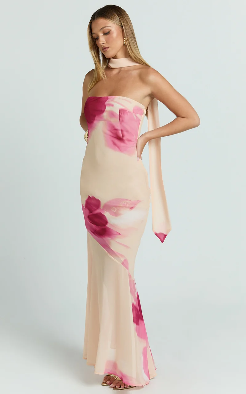 Angie Maxi Dress - Strapless Bias Column Dress with Scarf in Electric Bloom Lemon