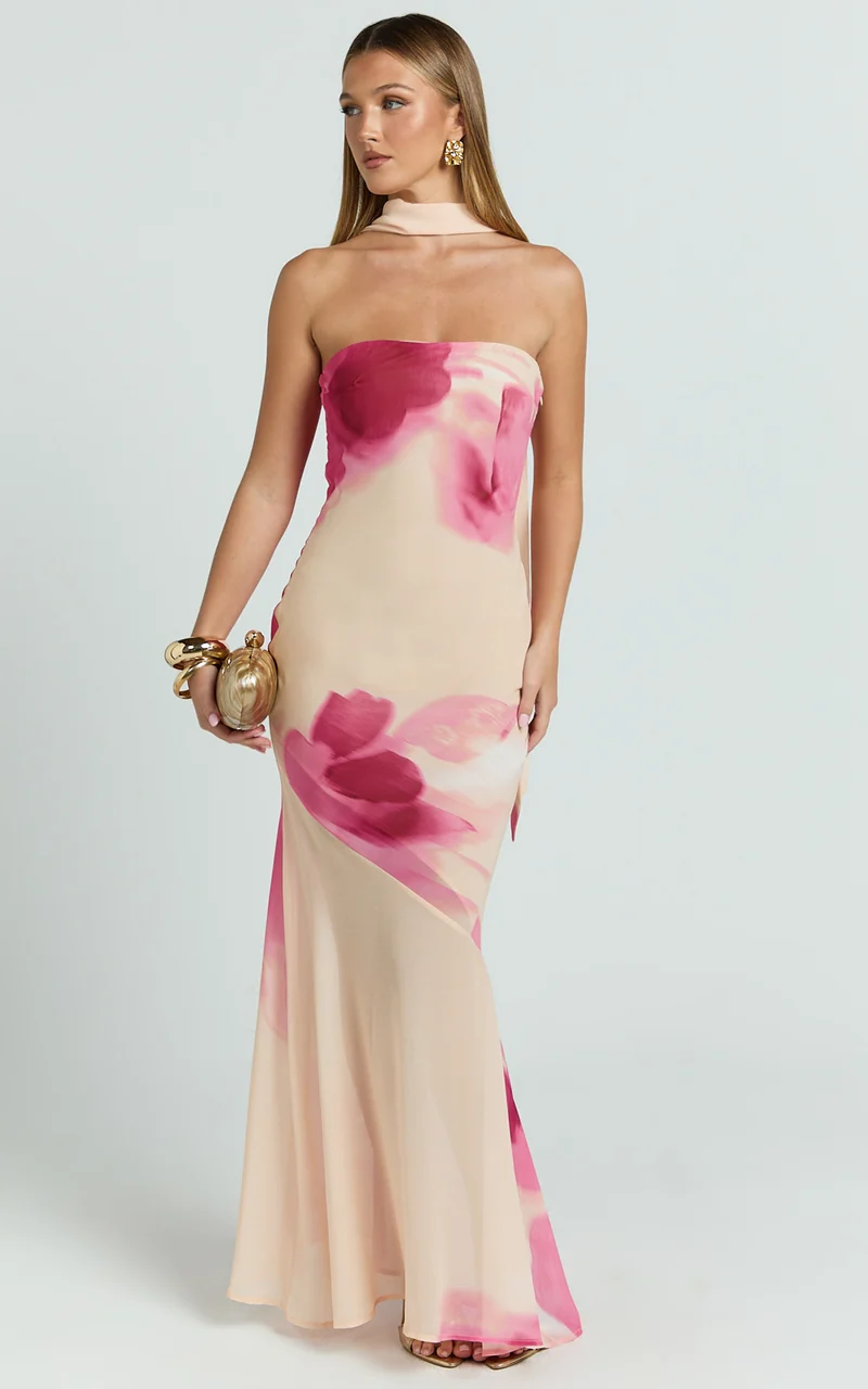 Angie Maxi Dress - Strapless Bias Column Dress with Scarf in Electric Bloom Lemon