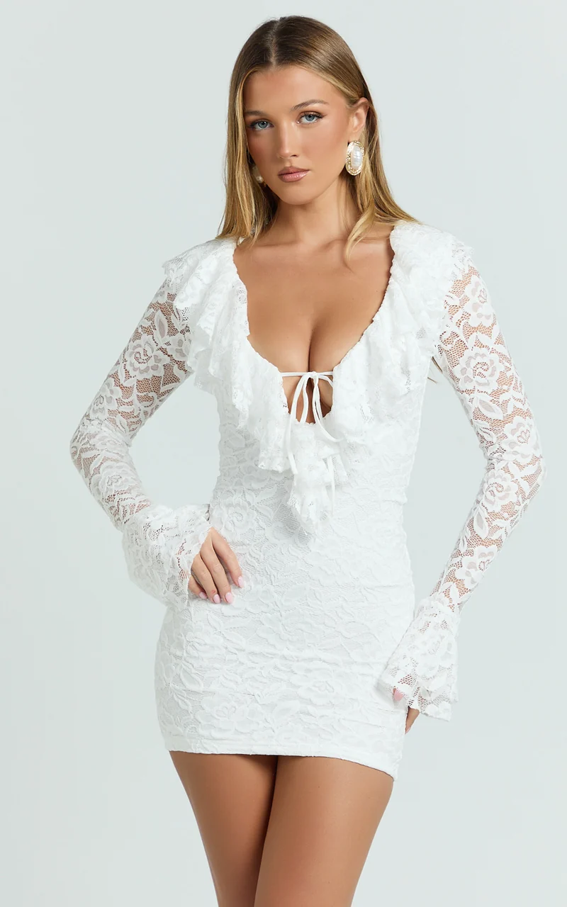 Fabienne Mini Dress - Ruffle Neck Long Sleeve Dress in White