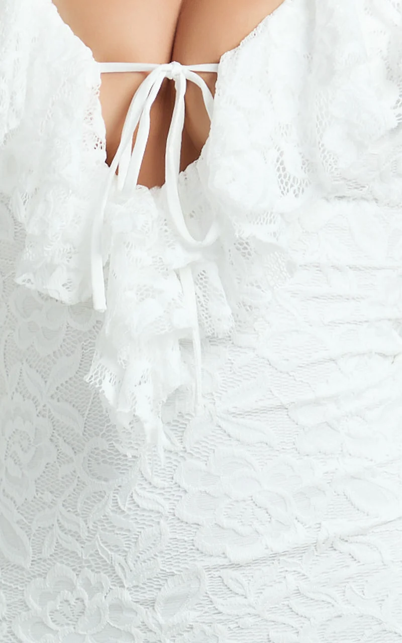 Fabienne Mini Dress - Ruffle Neck Long Sleeve Dress in White