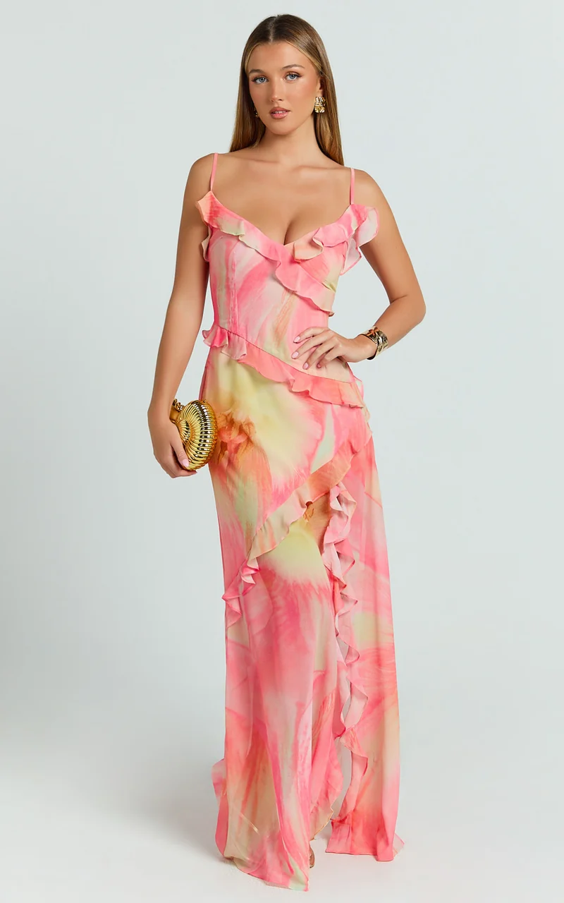Adele Maxi Dress - Strappy V Neck Ruffle Tiered Dress in Regency Print