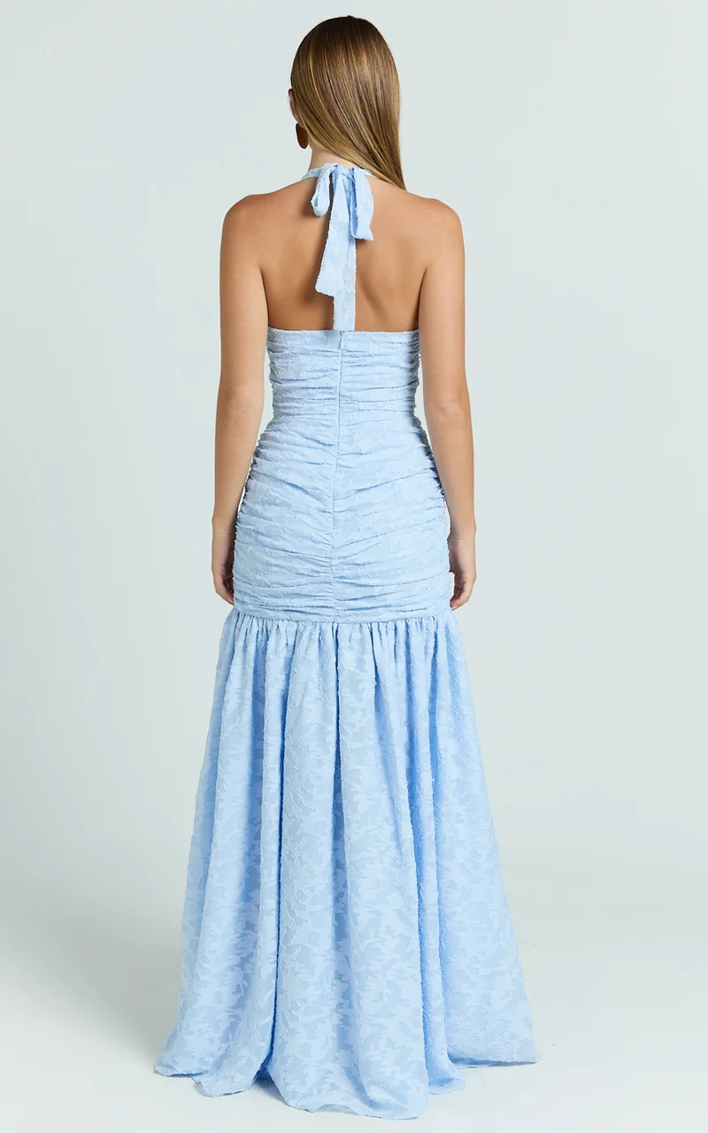 Bijou Maxi Dress - Embroidery Deep V Halter Ruched Dress in Ice Blue