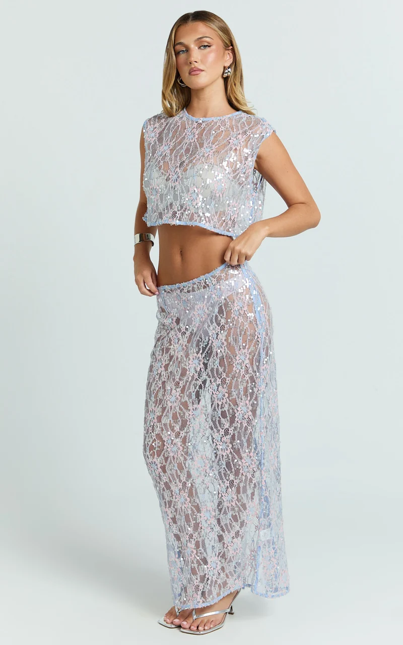 Gemmalyn Two Piece Top and Skirt Set - Sequin Lace Top And A Line Midi Skirt in Pink
