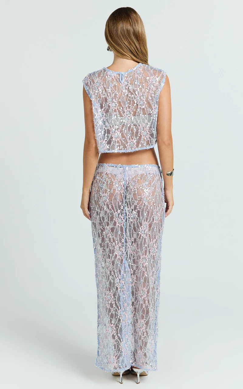 Gemmalyn Two Piece Top and Skirt Set - Sequin Lace Top And A Line Midi Skirt in Pink