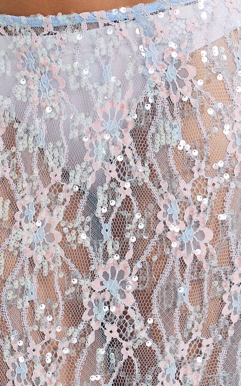 Gemmalyn Two Piece Top and Skirt Set - Sequin Lace Top And A Line Midi Skirt in Pink