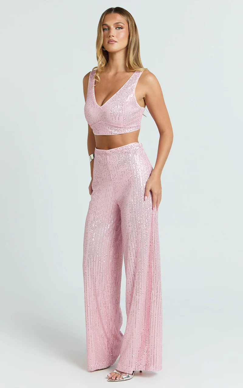 Abela Two Piece Set - Crop Top and Wide Leg Pants Set in Pink Sequin