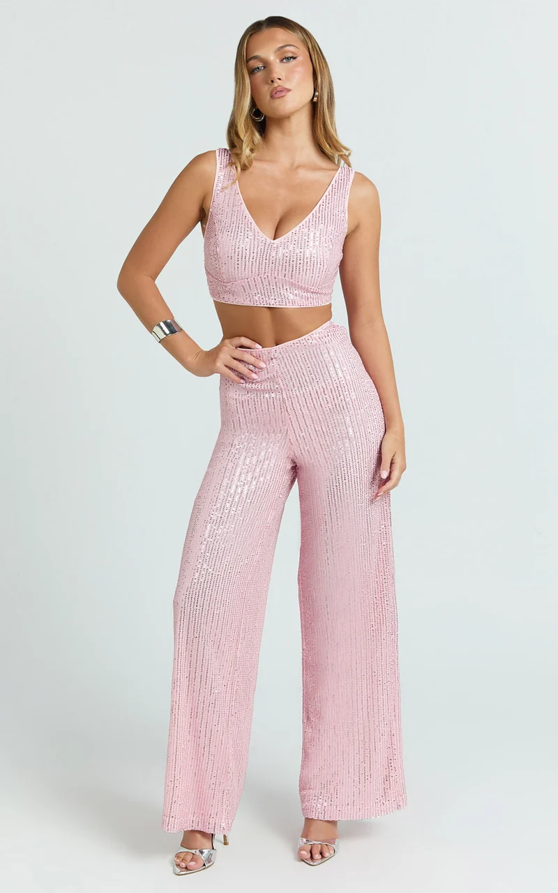 Abela Two Piece Set - Crop Top and Wide Leg Pants Set in Pink Sequin