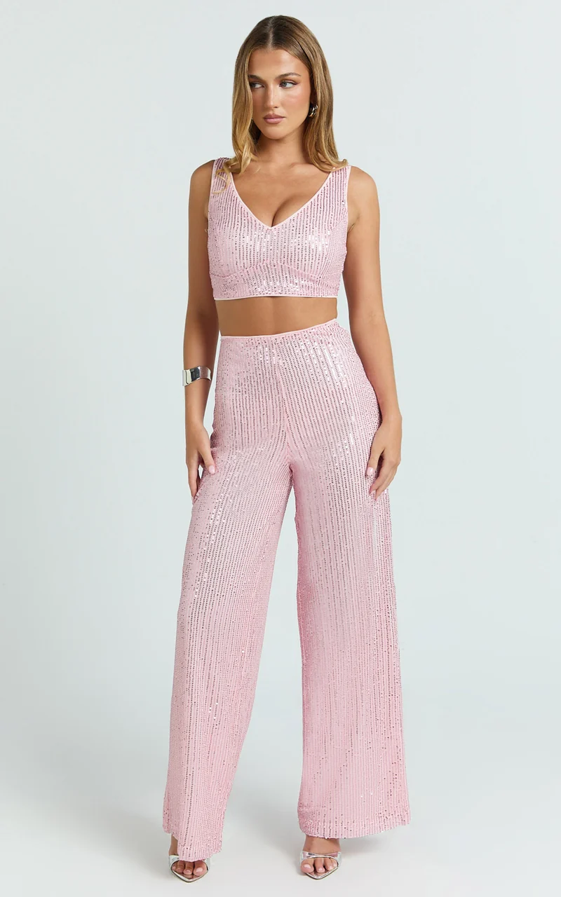 Abela Two Piece Set - Crop Top and Wide Leg Pants Set in Pink Sequin