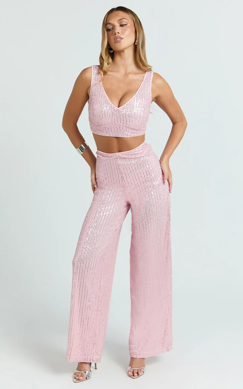Abela Two Piece Set - Crop Top and Wide Leg Pants Set in Pink Sequin