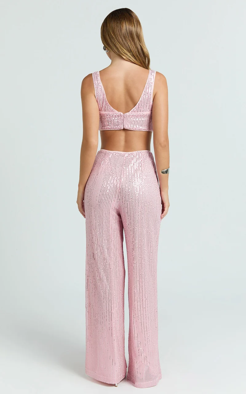 Abela Two Piece Set - Crop Top and Wide Leg Pants Set in Pink Sequin
