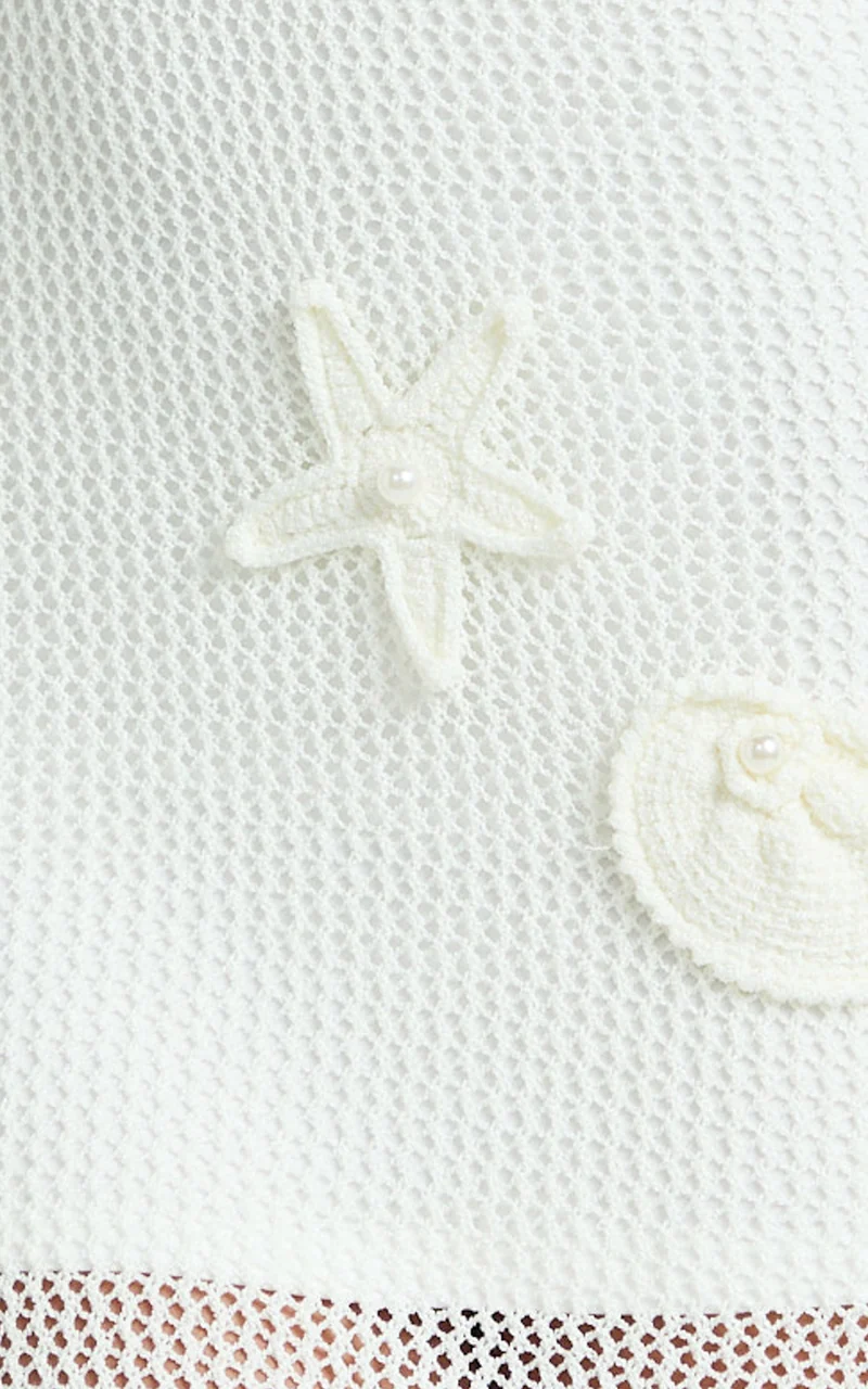 Alodia Maxi Dress - Sheer Crochet Knit With Crochet Seashells And Keyhole Dress in Off White
