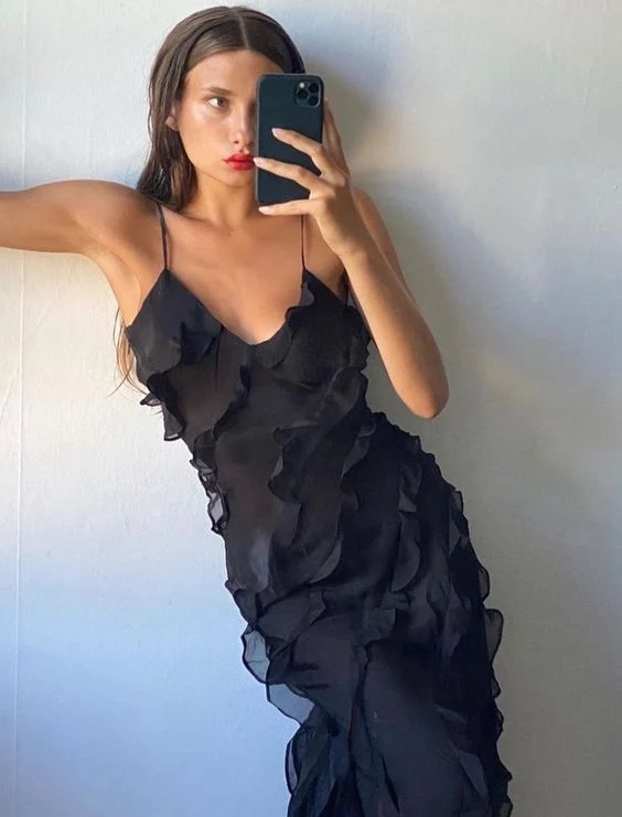 Robe de bal longue noire style sirène avec manches et fermeture éclair dans le dos
