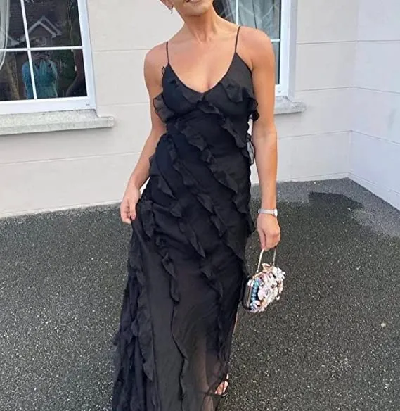 Robe de bal longue noire style sirène avec manches et fermeture éclair dans le dos