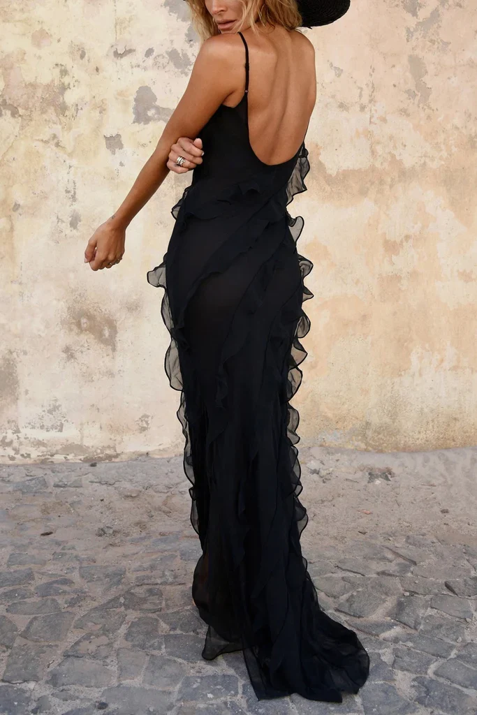 Robe de bal longue noire style sirène avec manches et fermeture éclair dans le dos