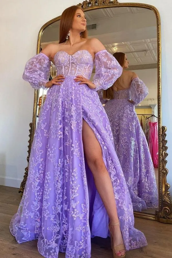 Robe de bal longue en dentelle lavande à manches bouffantes et bustier