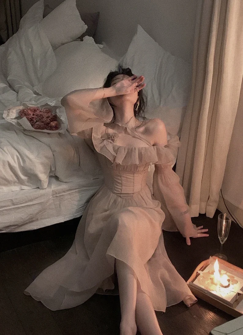 Robe asymétrique à volants en tulle, manches lanternes, robe de bal de fin d'année féerique