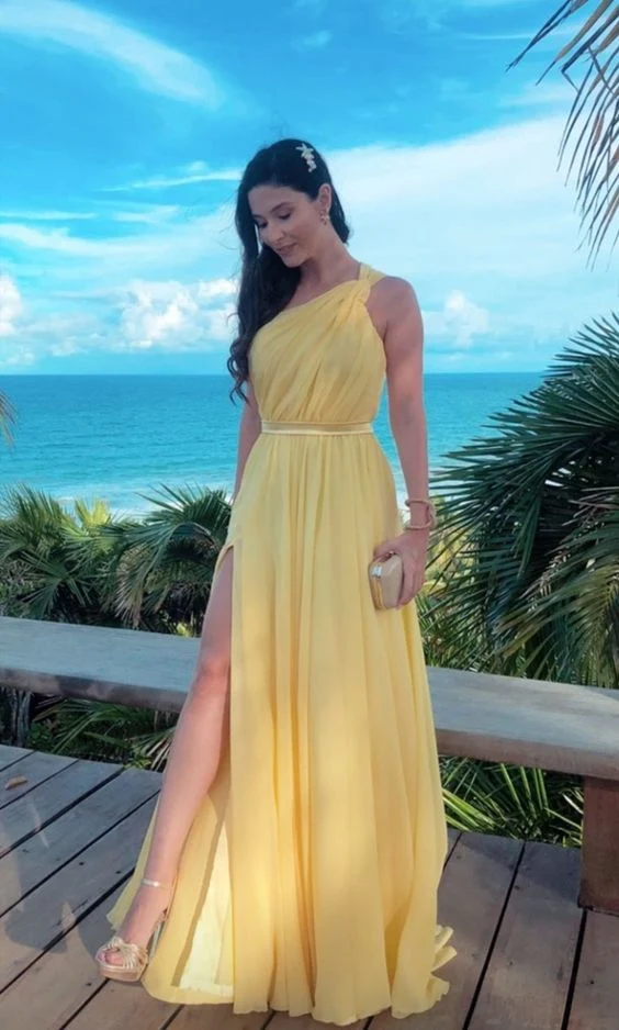 Robe de soirée longue jaune asymétrique, robe de bal sexy et unique