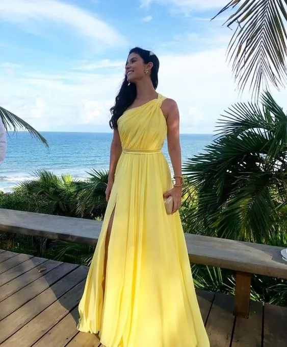 Robe de soirée longue jaune asymétrique, robe de bal sexy et unique