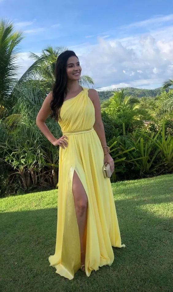 Robe de soirée longue jaune asymétrique, robe de bal sexy et unique