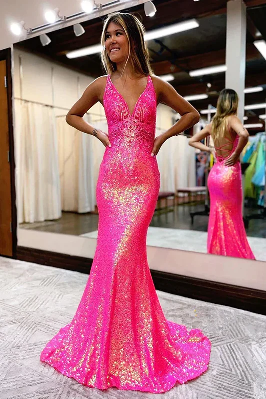 Robe de bal longue et sexy rose vif à sequins et dos nu
