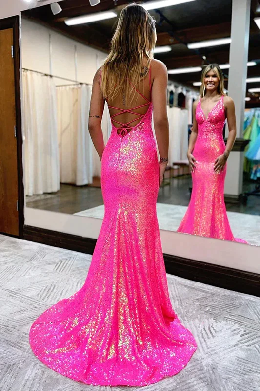 Robe de bal longue et sexy rose vif à sequins et dos nu