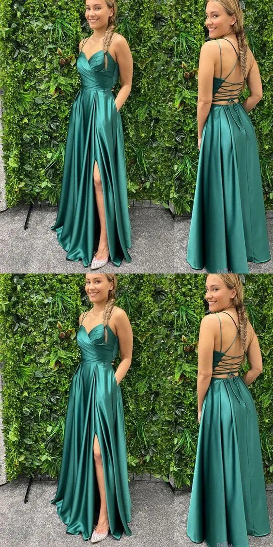 Superbe robe de bal verte avec fentes latérales croisées