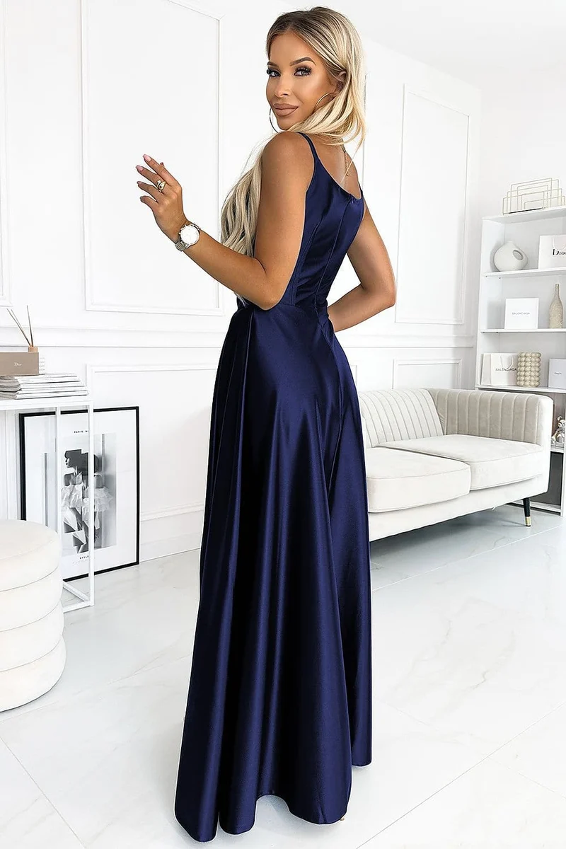 Robe longue satin bleu
