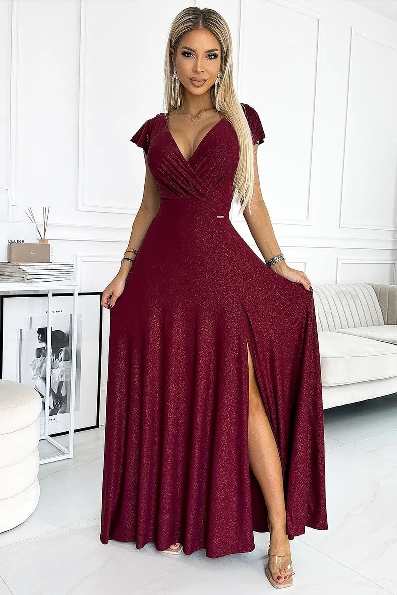 Robe maxi brillante bordeaux manche courte