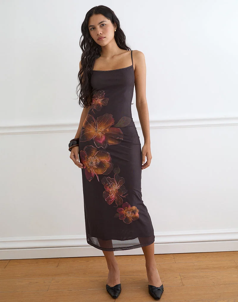 Robe midi Nori marron avec imprimé lotus orange vif