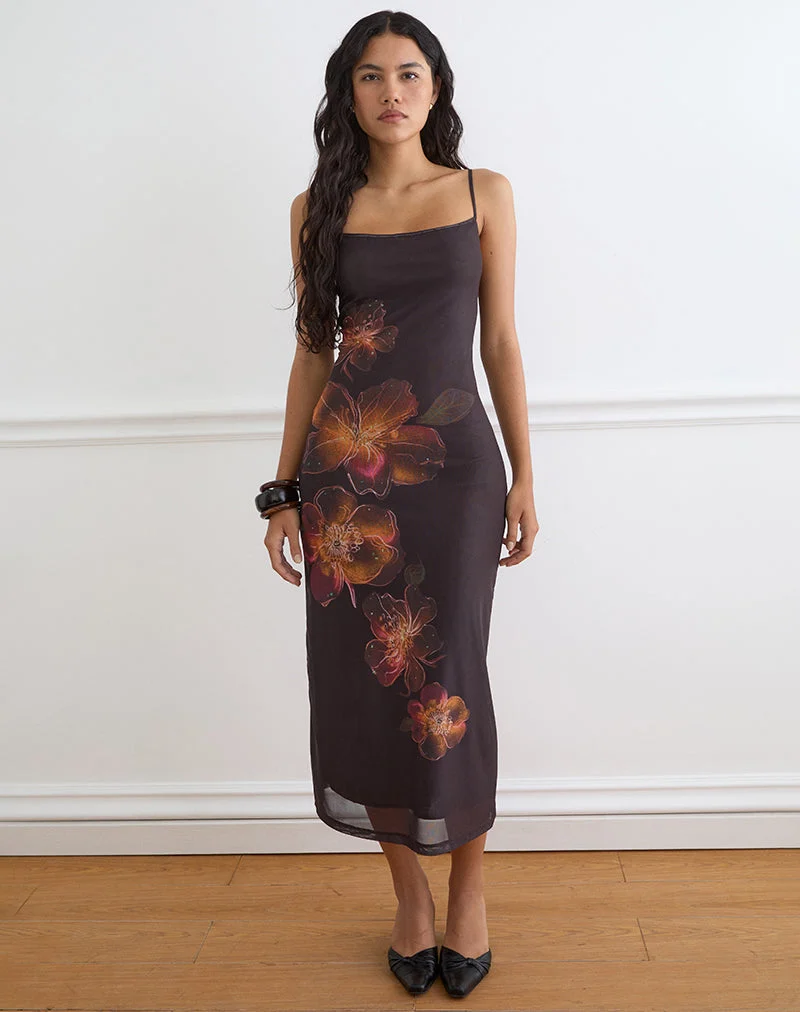 Robe midi Nori marron avec imprimé lotus orange vif