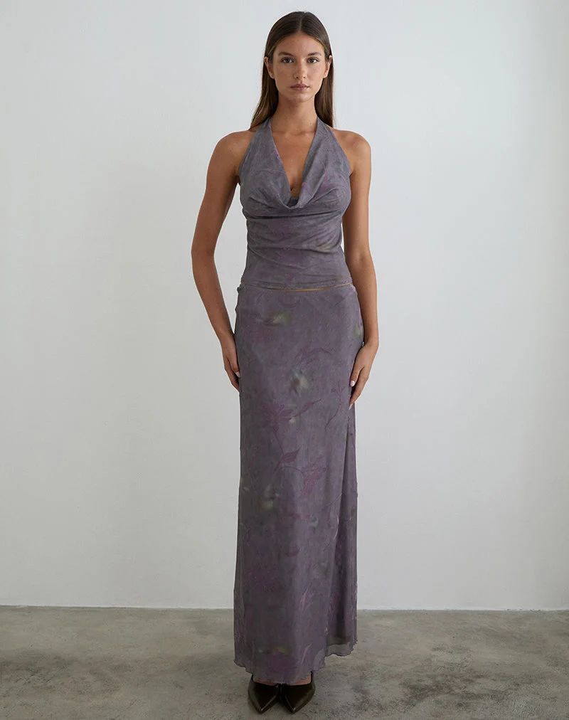 Jupe longue Alfreda à fleurs violettes évasées