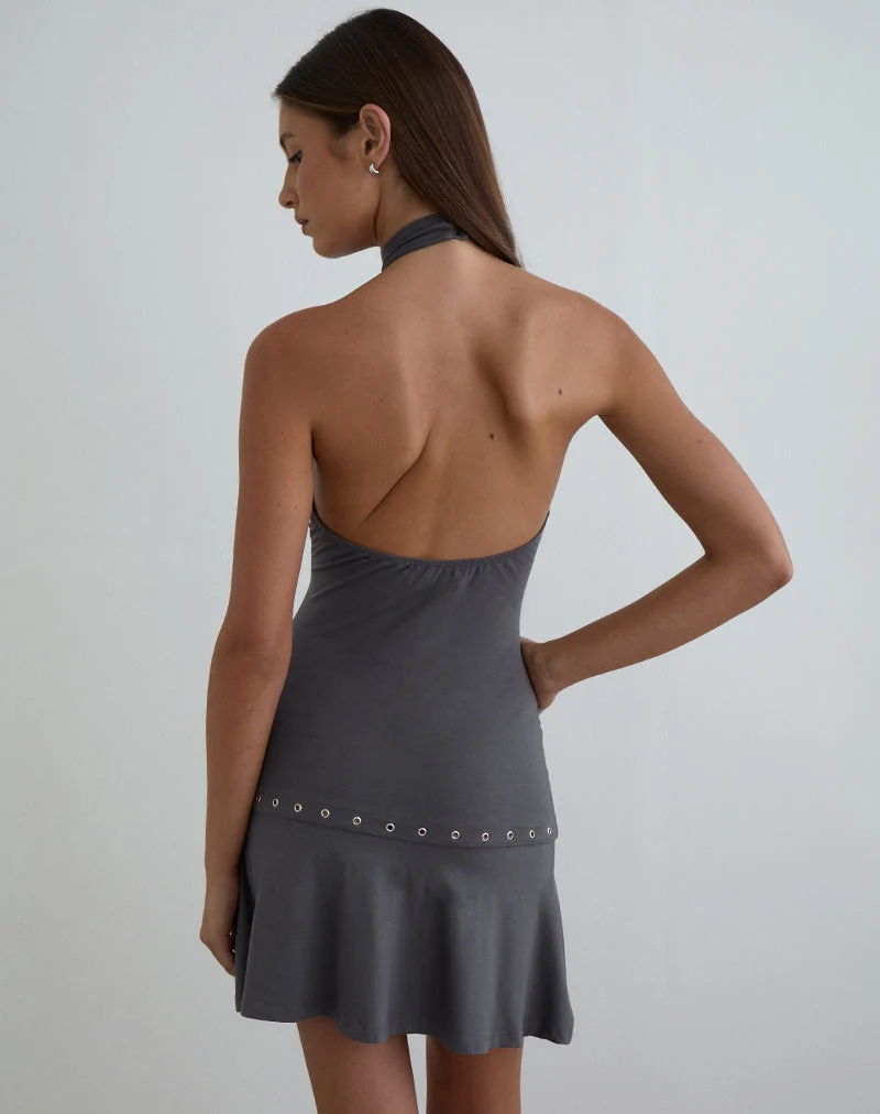 Mini-robe dos nu Nakime à œillets en jersey gris anthracite