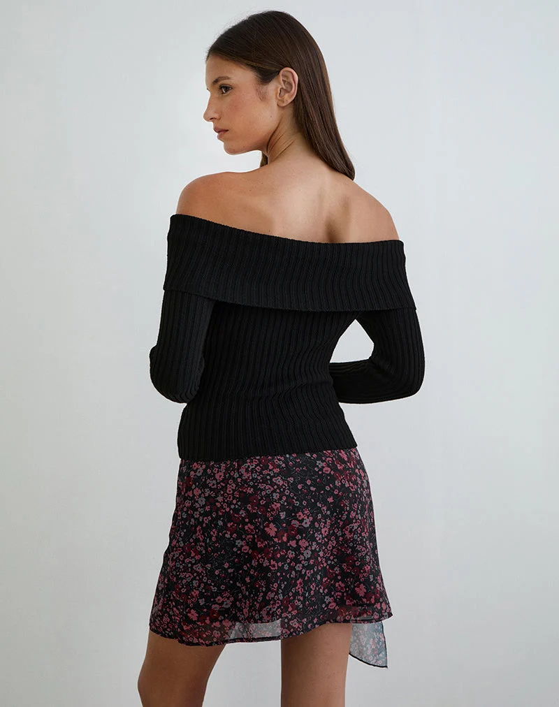 Mini-jupe Naru en mousseline à motifs floraux dispersés, noire et rouge