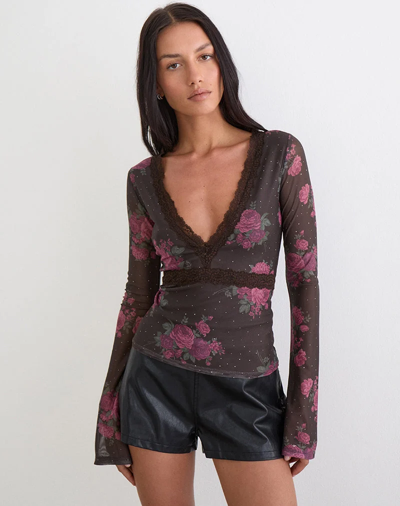Haut Yudo marron à pois roses et imprimé roses
