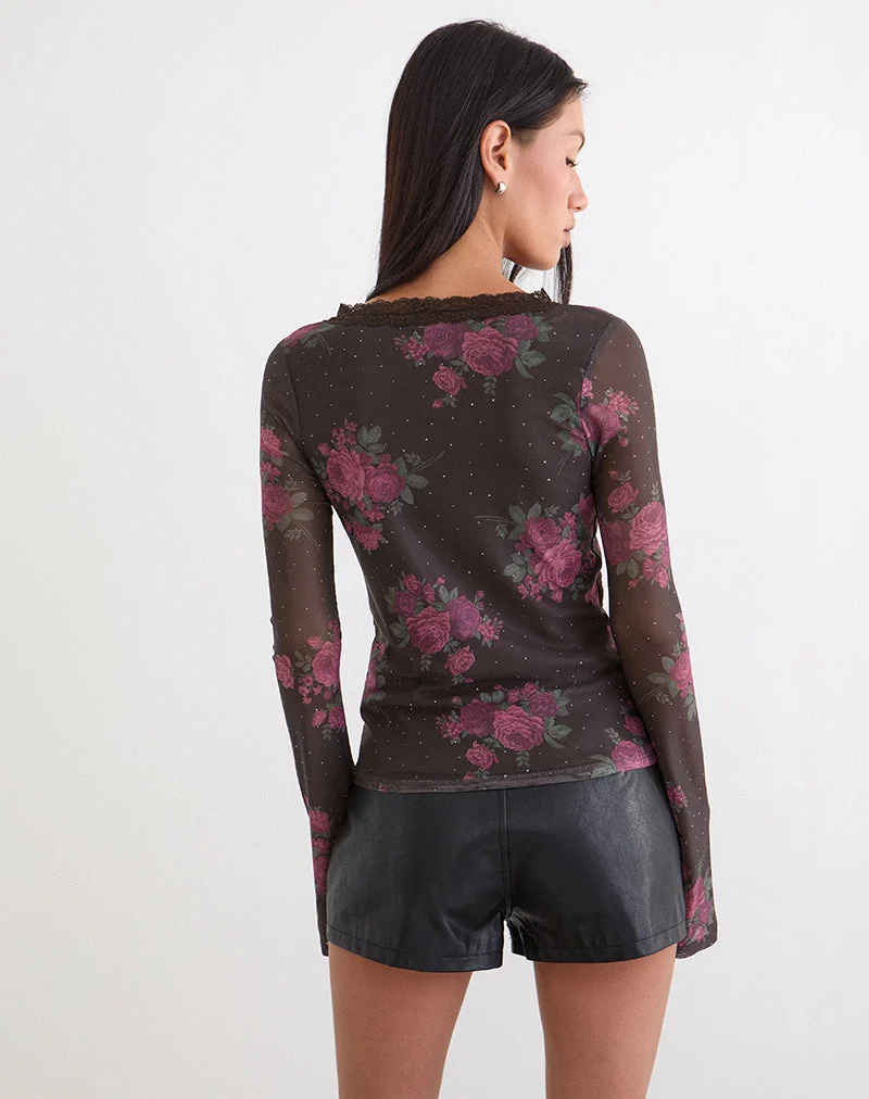 Haut Yudo marron à pois roses et imprimé roses