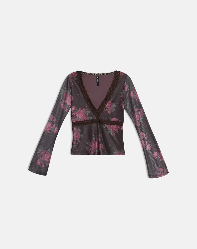 Haut Yudo marron à pois roses et imprimé roses
