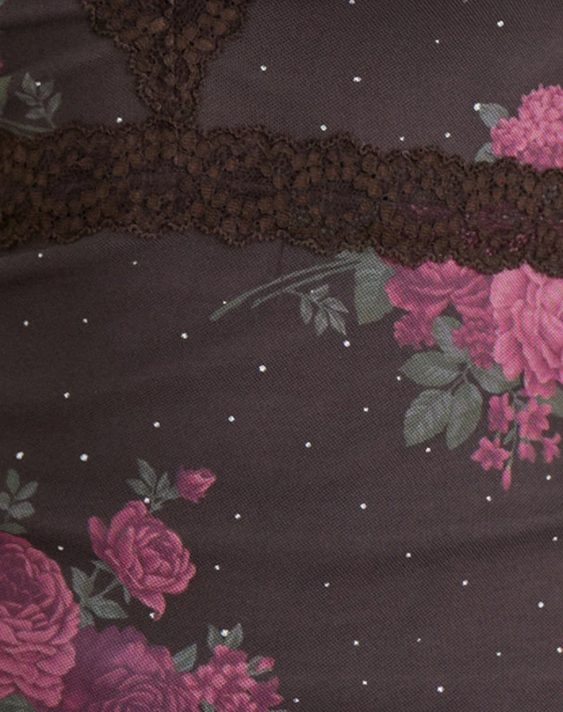 Haut Yudo marron à pois roses et imprimé roses