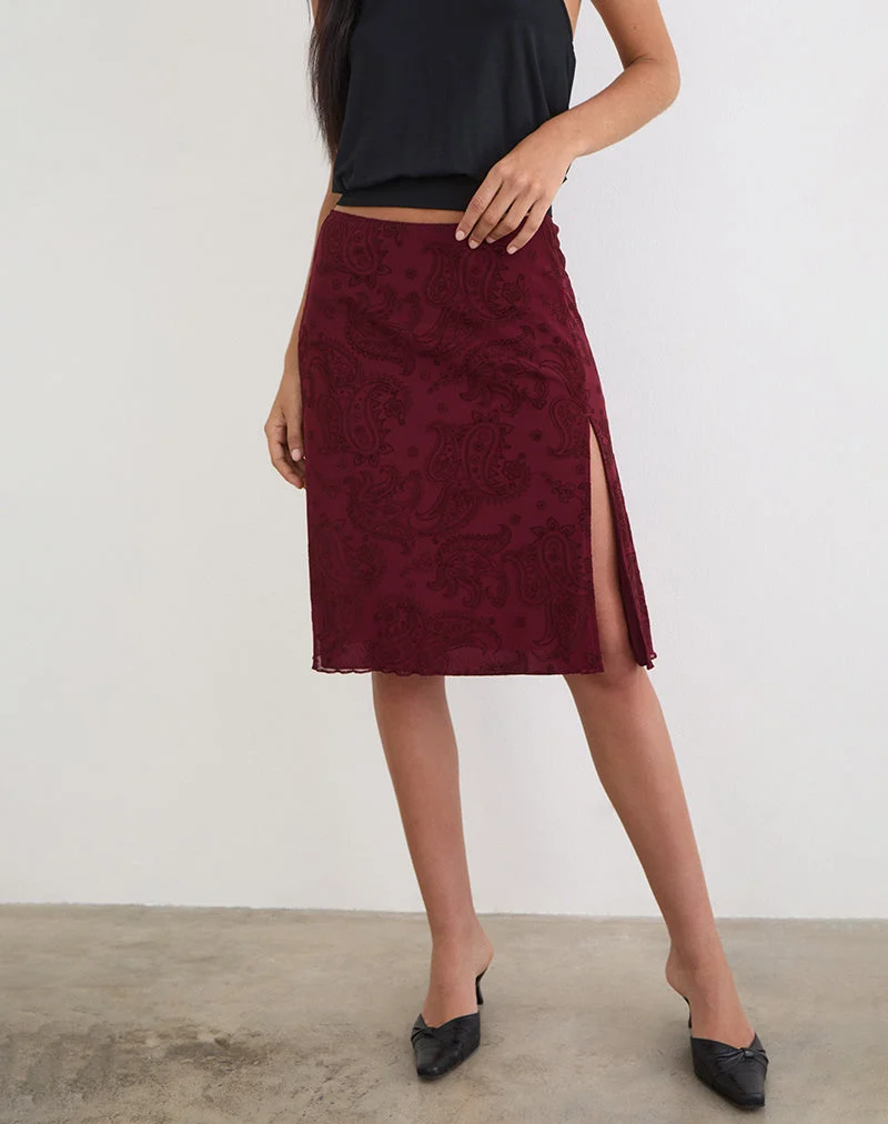 Jupe midi Elif en flocage compact à motif cachemire couleur vin