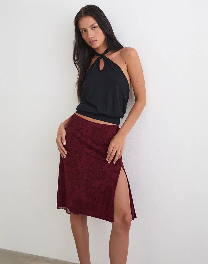Jupe midi Elif en flocage compact à motif cachemire couleur vin