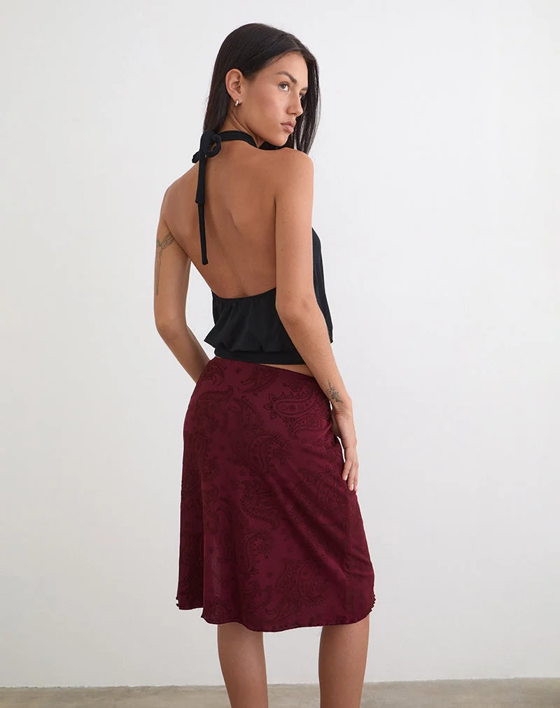 Jupe midi Elif en flocage compact à motif cachemire couleur vin