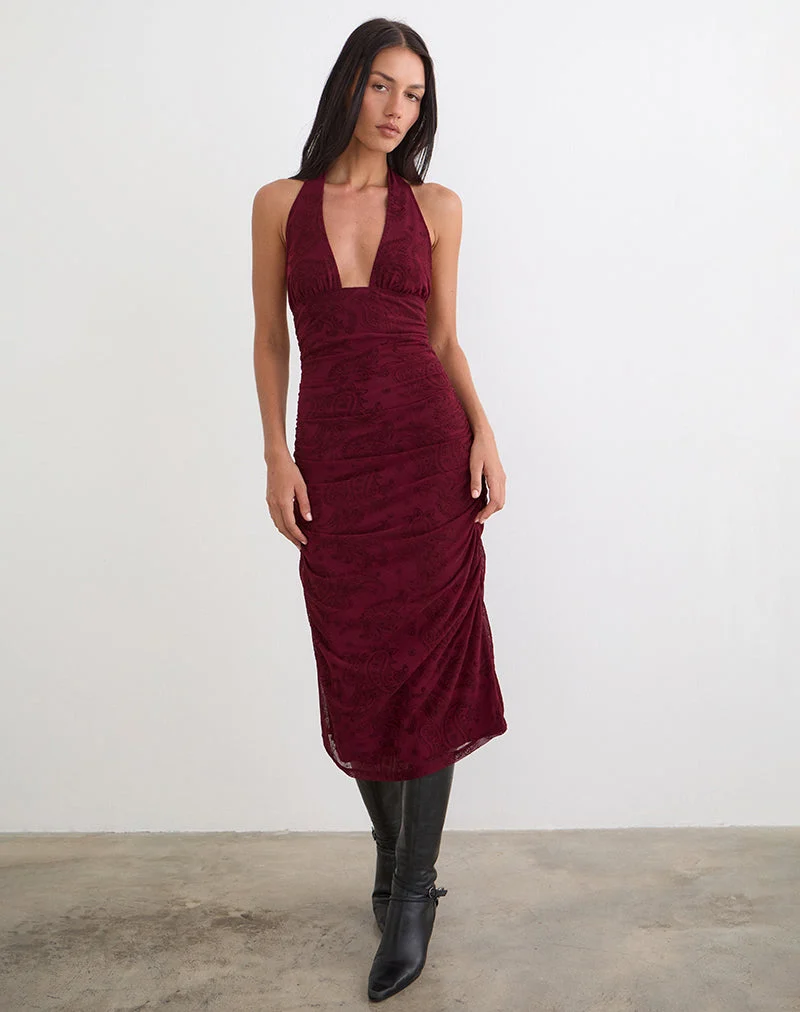Robe Kamau en flocage compact à motif cachemire couleur vin