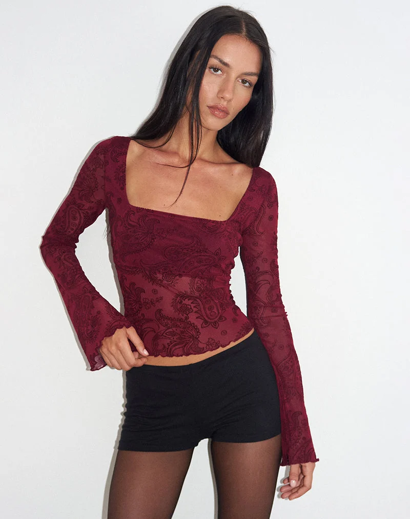Haut Nafre en flocage compact à motif cachemire couleur vin