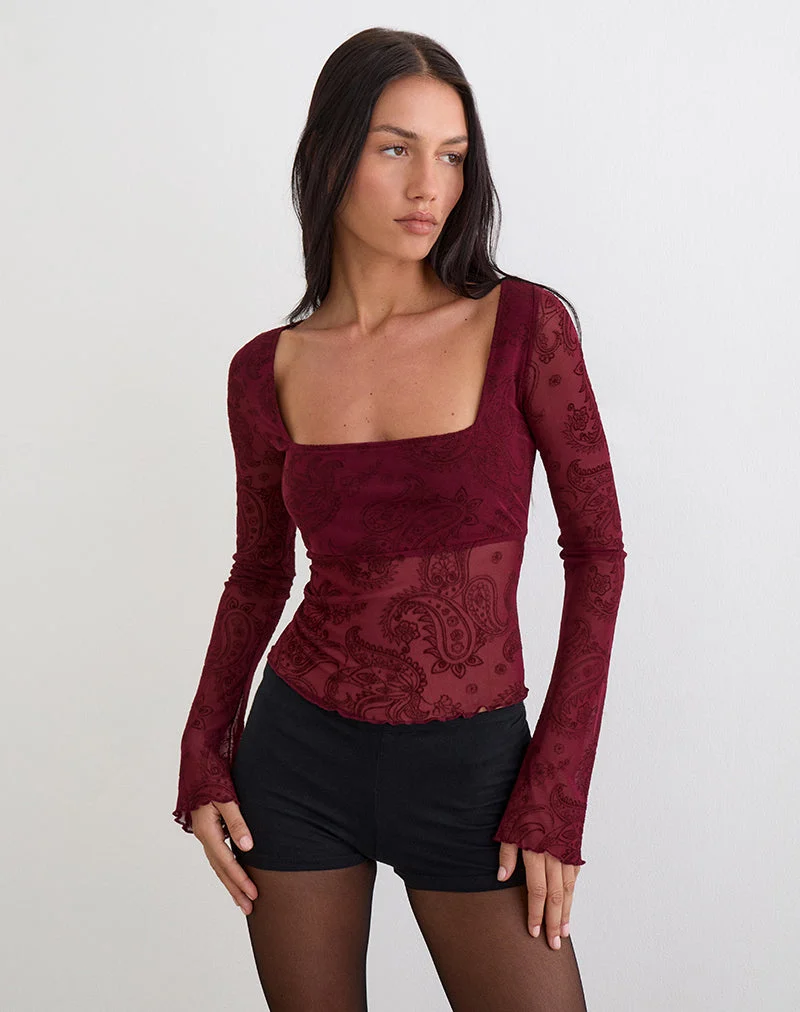 Haut Nafre en flocage compact à motif cachemire couleur vin
