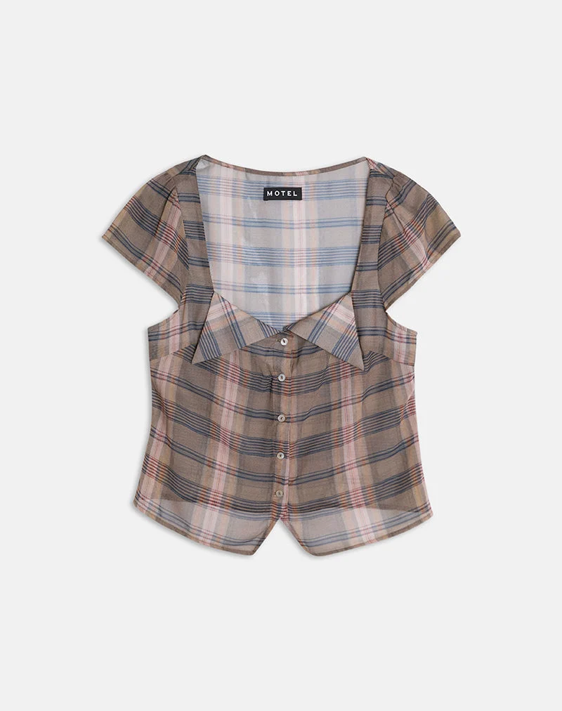 Blouse Meraki à carreaux flous marron et rose