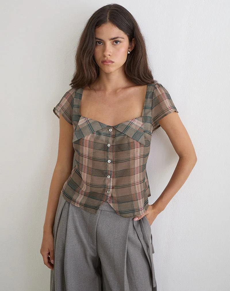 Blouse Meraki à carreaux flous marron et rose