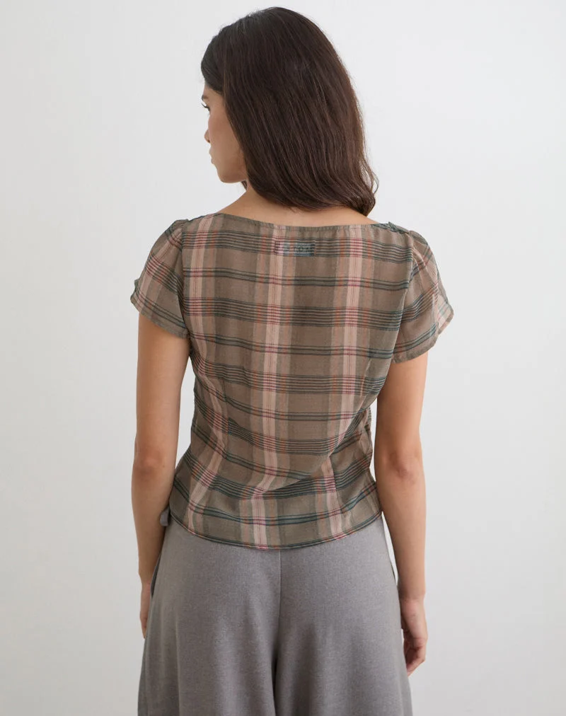 Blouse Meraki à carreaux flous marron et rose