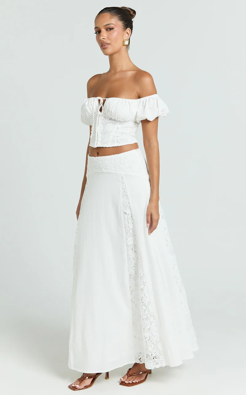 Belle Two Piece Set - Off Shoulder Top and Maxi Skirt Set in White