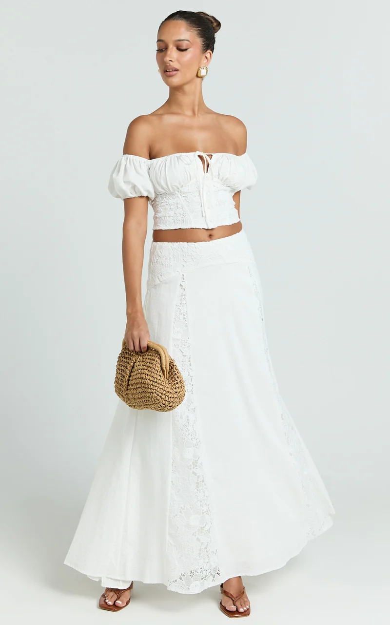 Belle Two Piece Set - Off Shoulder Top and Maxi Skirt Set in White
