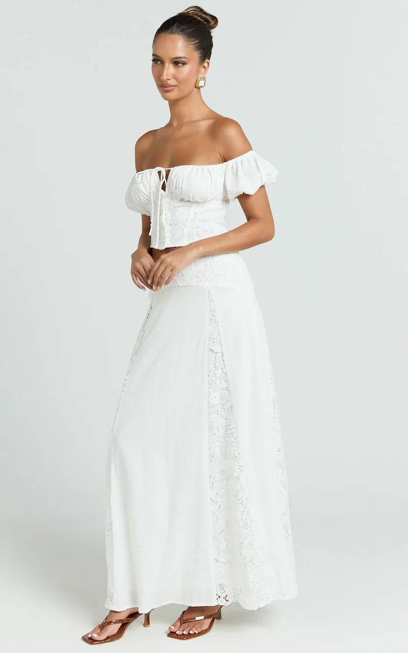 Belle Two Piece Set - Off Shoulder Top and Maxi Skirt Set in White